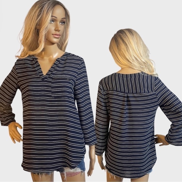 MAURICES Dark Blue and White Striped V-Neck Top - Picture 1 of 10